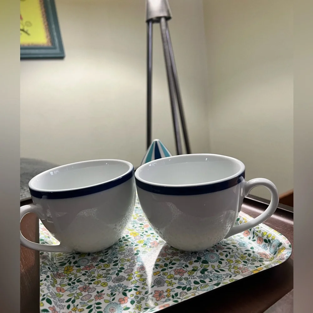 Williams Sonoma Brasserie blue band coffee cups set of two.